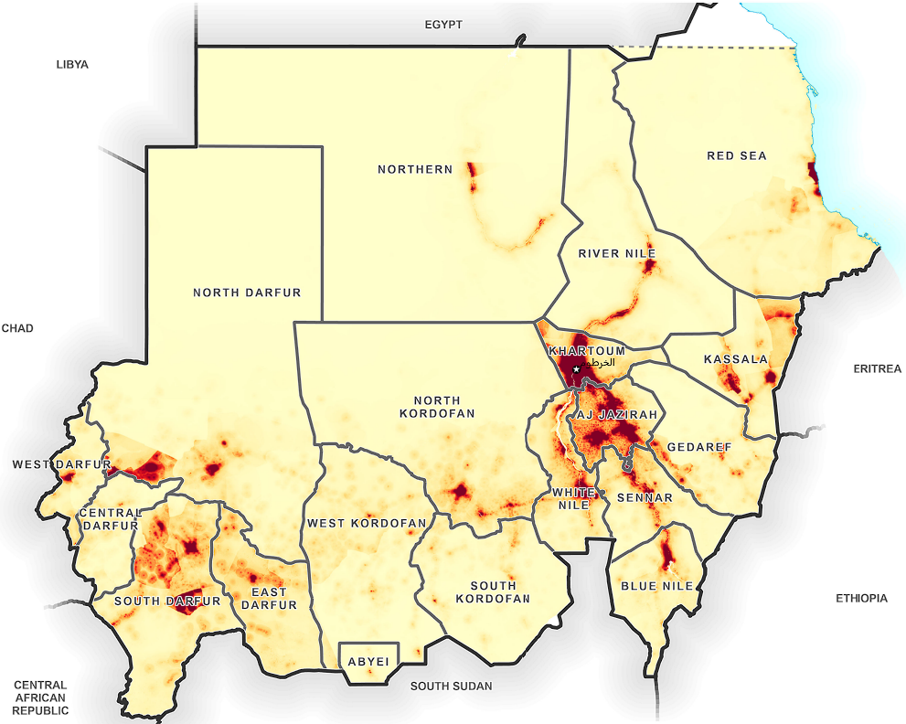 Sudan state-level density choropleth map used in telecommunications market analysis